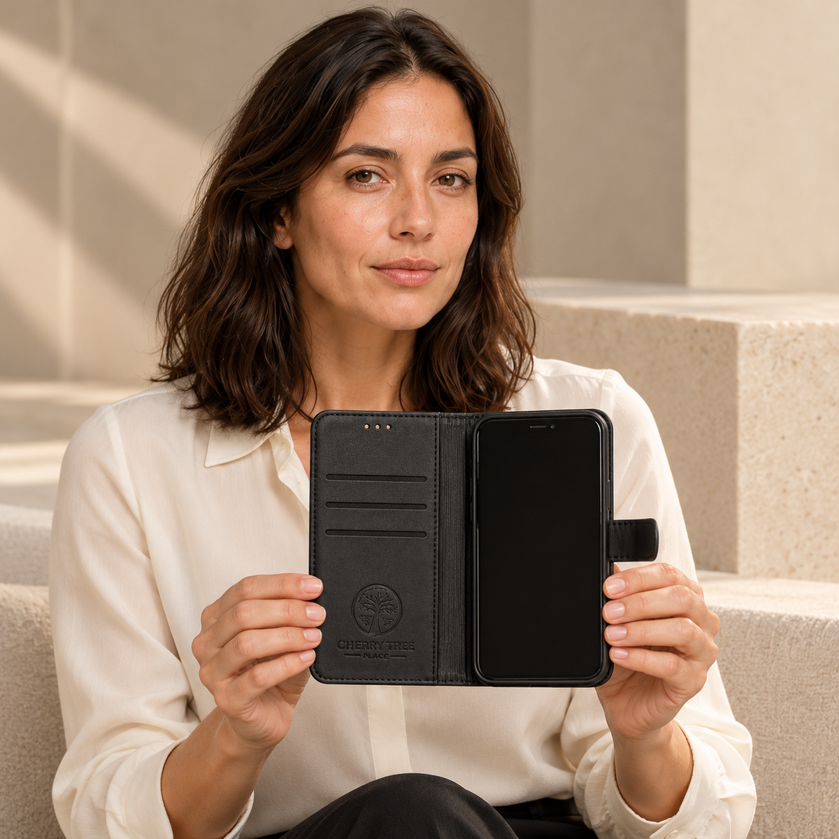 Model holding an open black wallet phone case showing the card slots and fitted phone