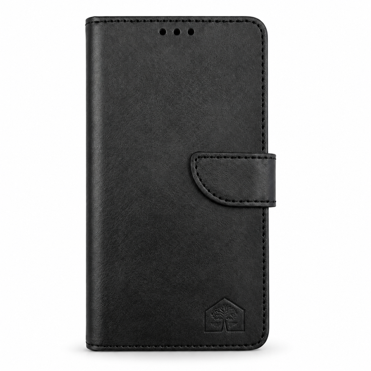 Black wallet phone case, closed front view on a plain white background