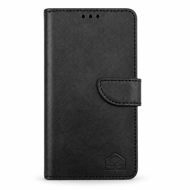 Black wallet phone case, closed front view on a plain white background