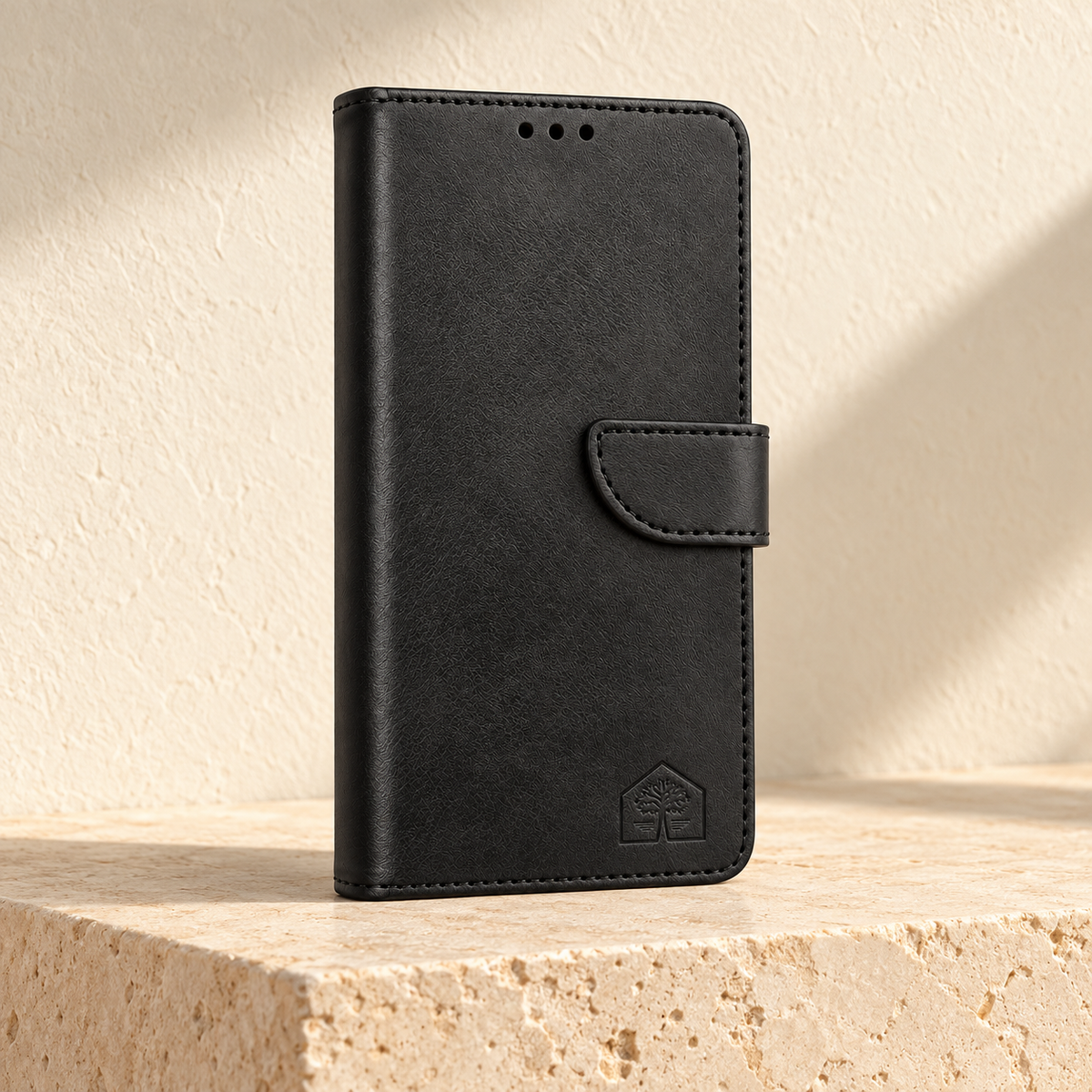 Black wallet phone case, closed front view, spa stone