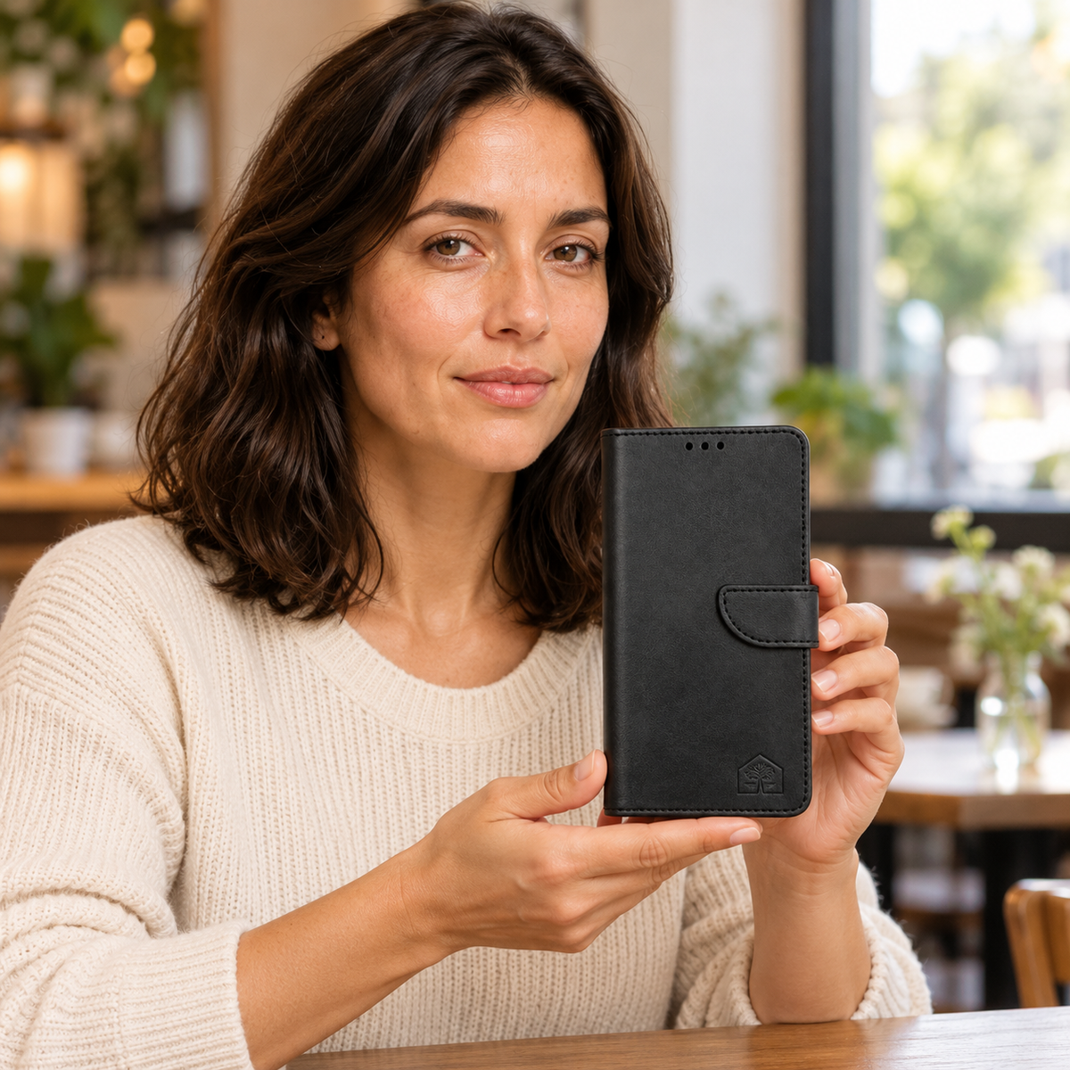 Model holding the closed black wallet phone case