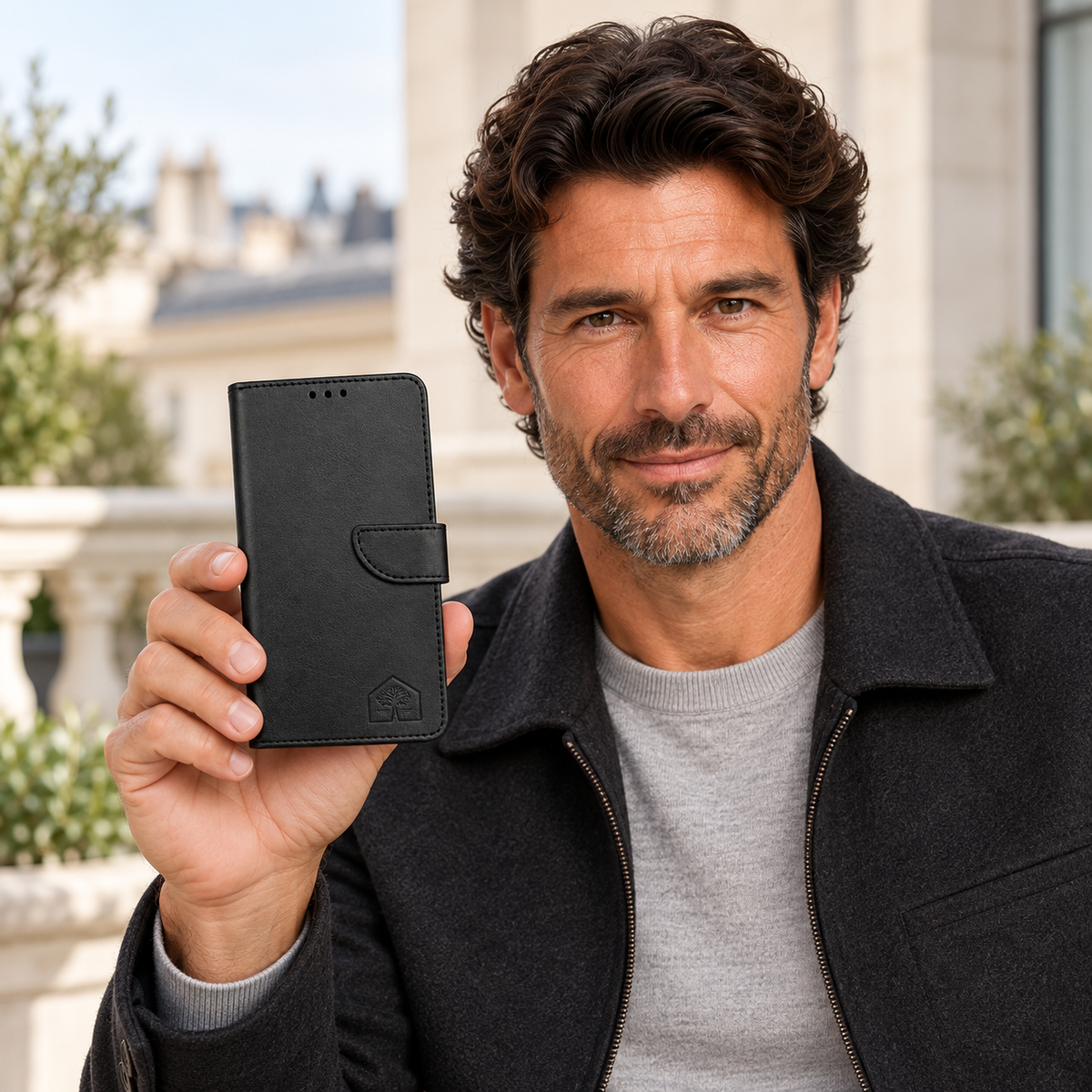 Model holding the closed black wallet phone case
