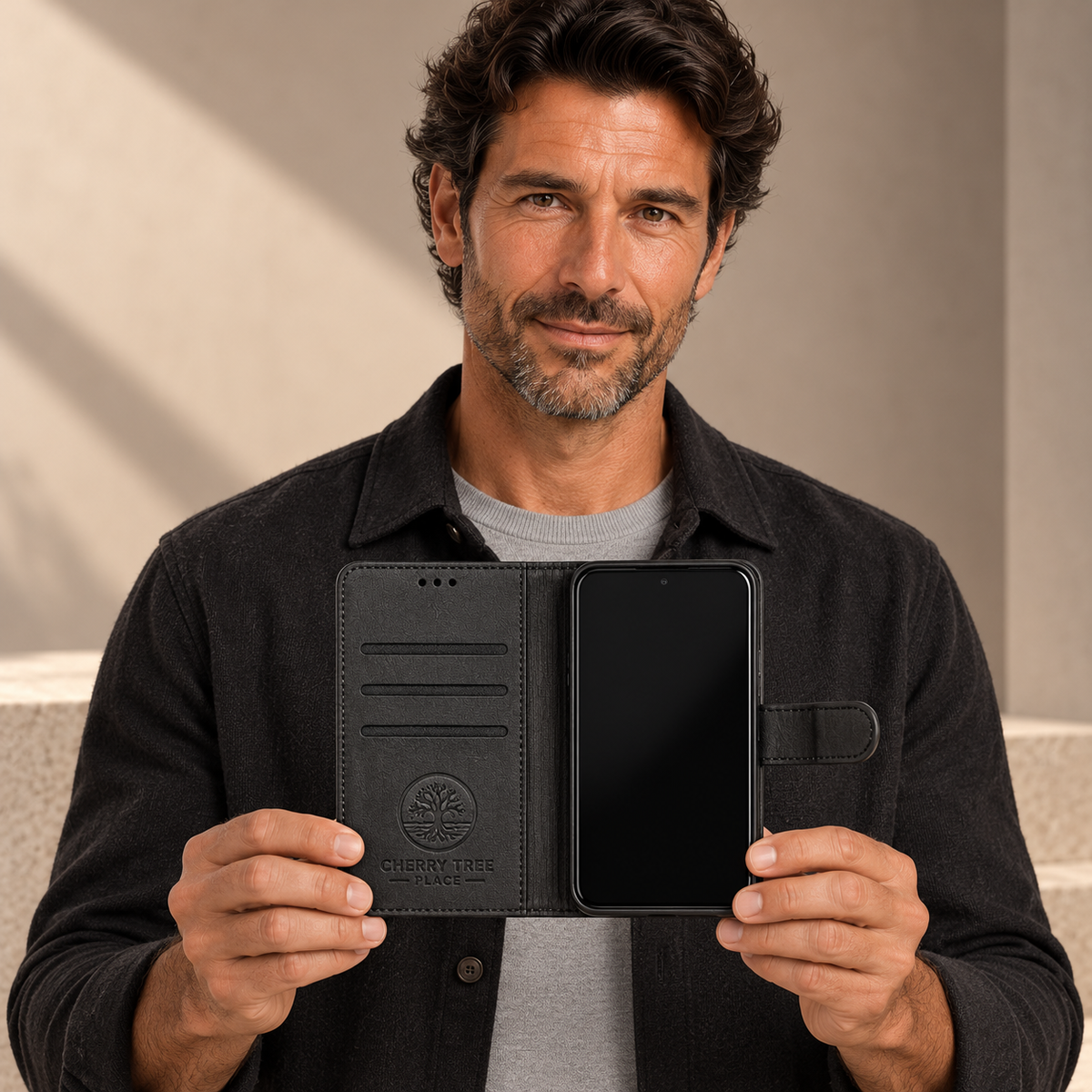 Model holding an open black wallet phone case showing the card slots and fitted phone